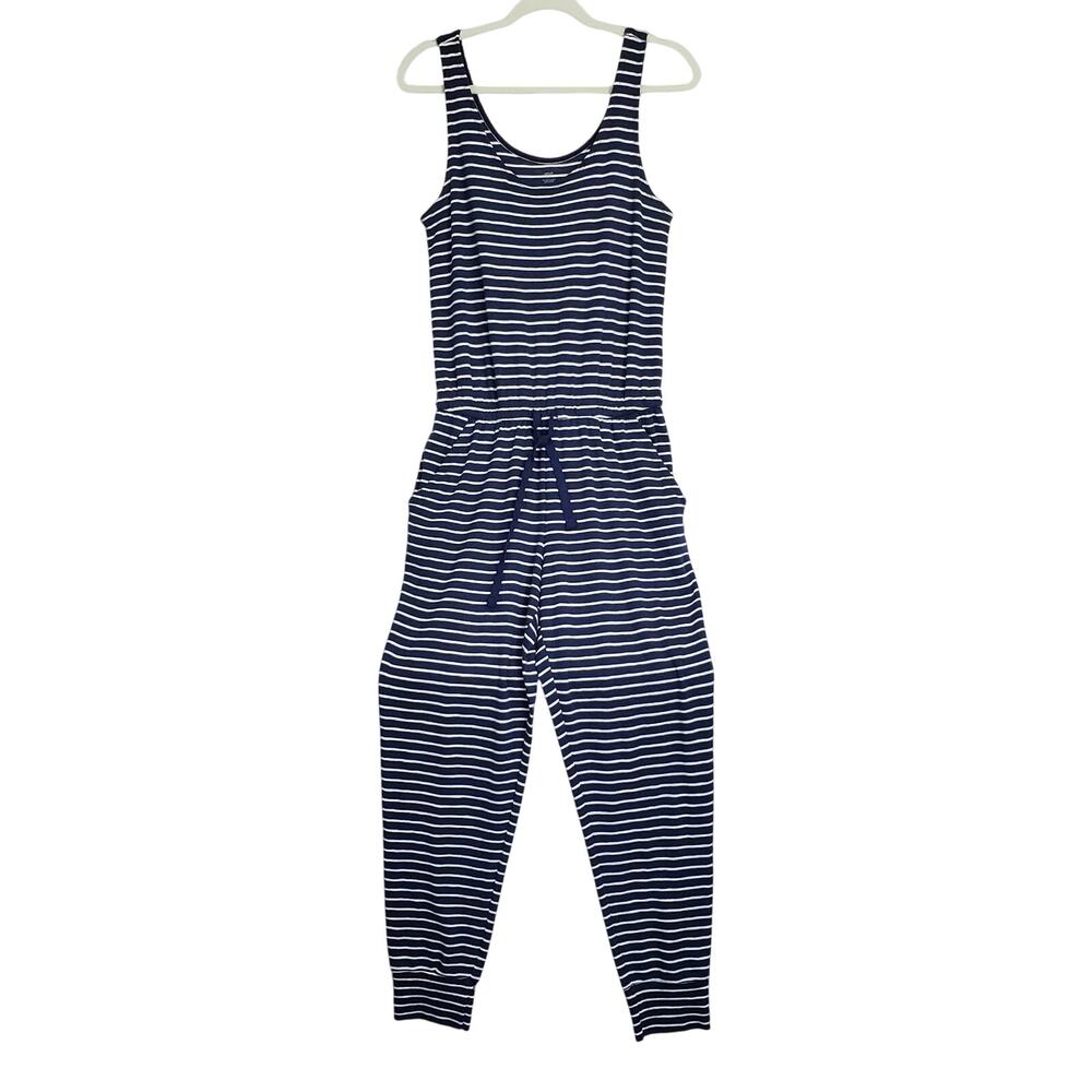 American Eagle Navy Stripe Soft Jersey Jumpsuit S Stretch Coastal Beach Pull on